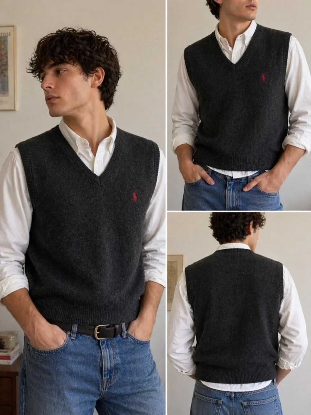 Polo Ralph Lauren Lambswool Sweater Vest Gray Preppy V Neck Logo
